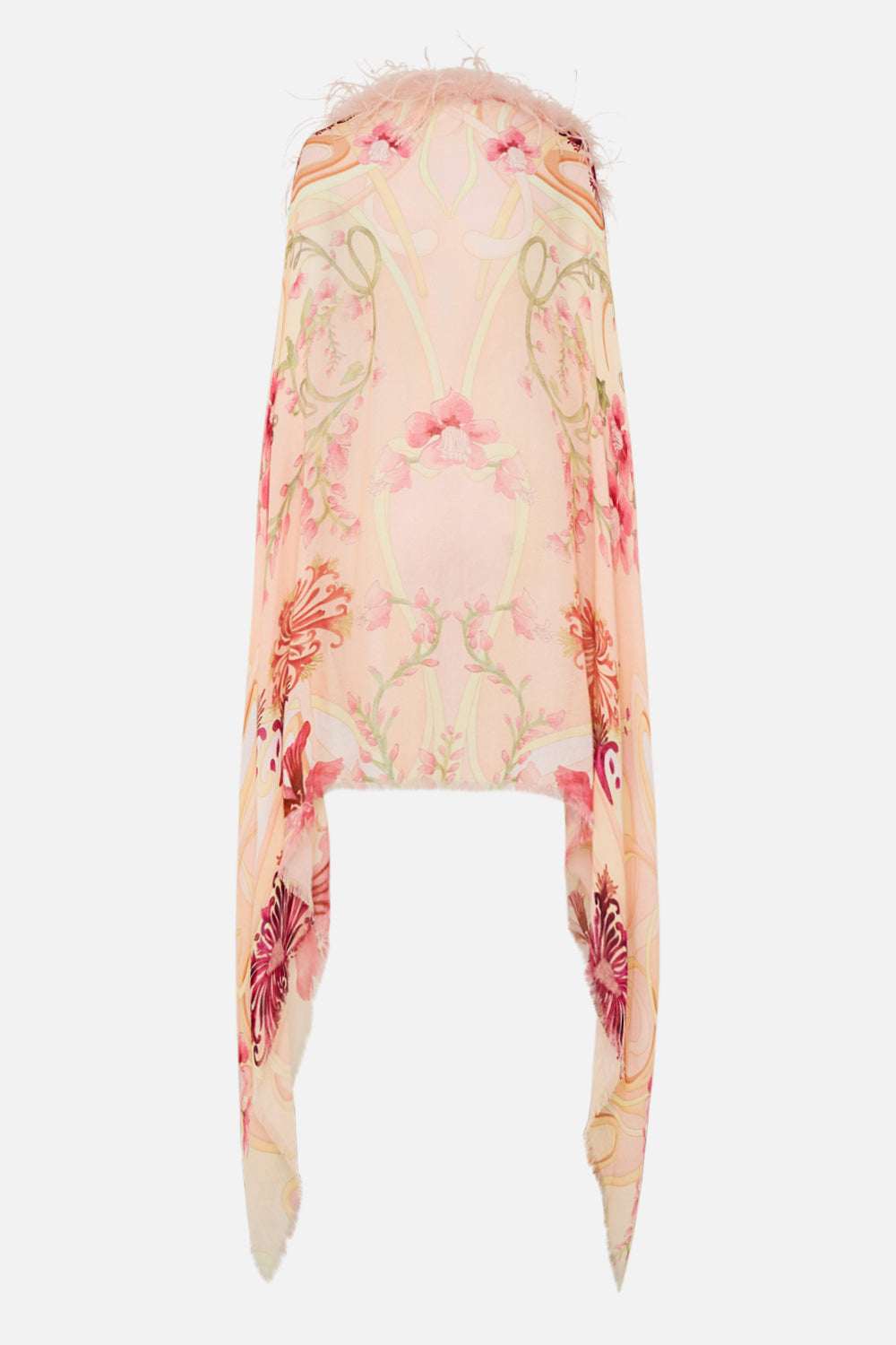 CAMILLA Floral Feather Trim Shawl in Blossoms and Brushstrokes print