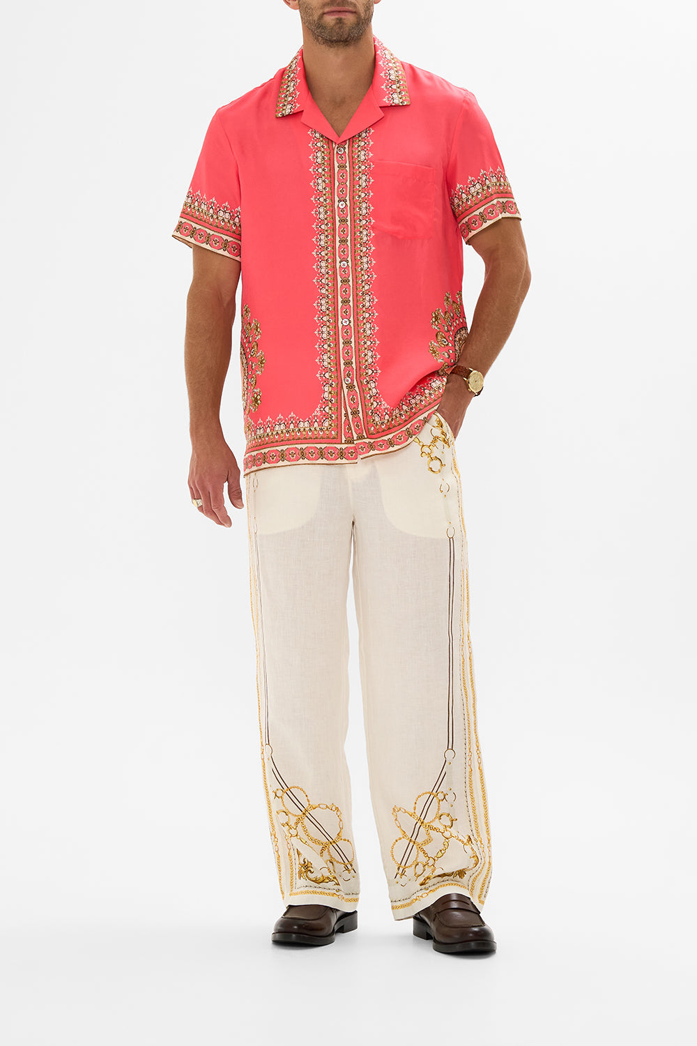 CAMILLA pink short sleeve camp collared shirt in Shell Games