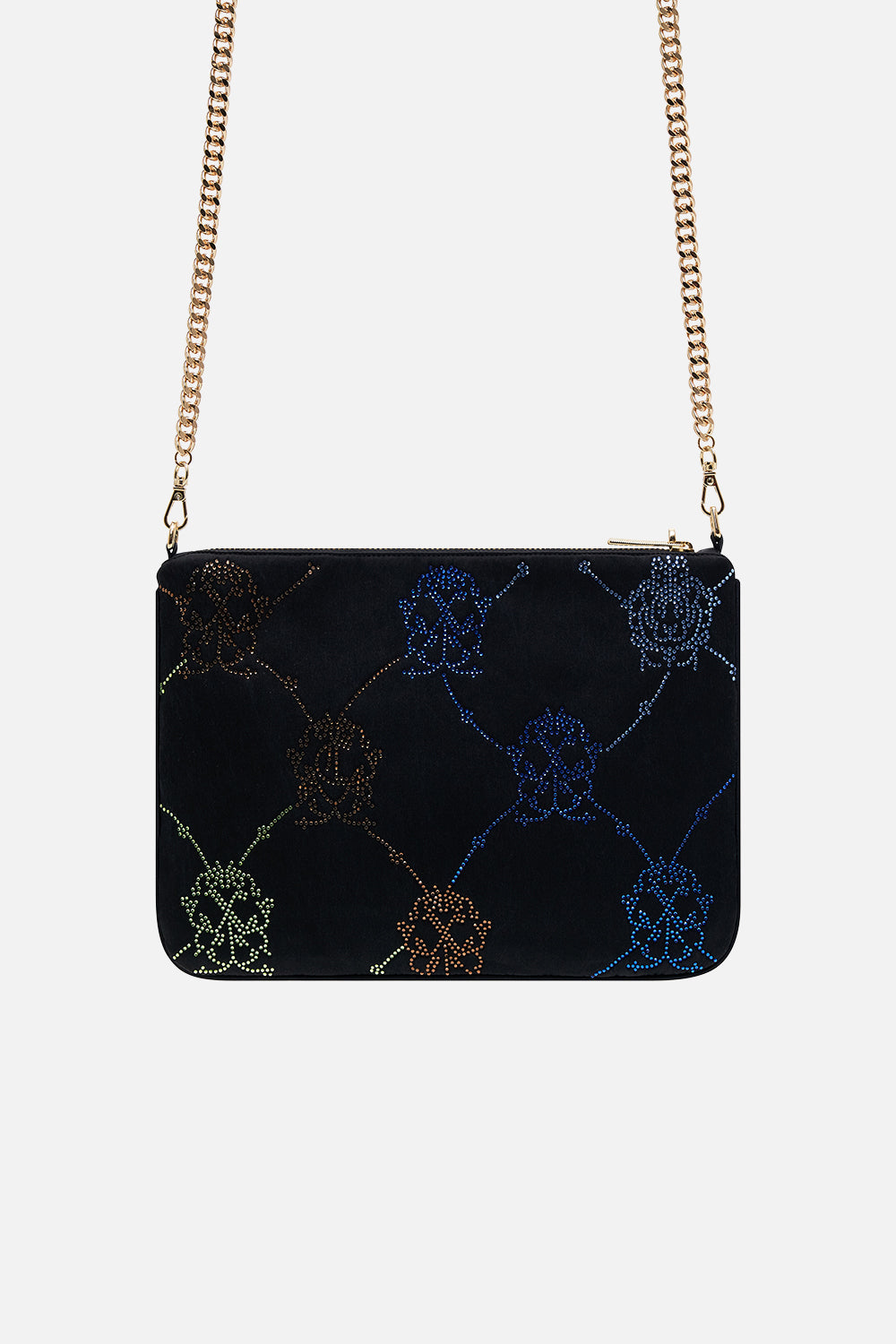 CAMILLA black embellished zip top clutch with strap in Black Mono