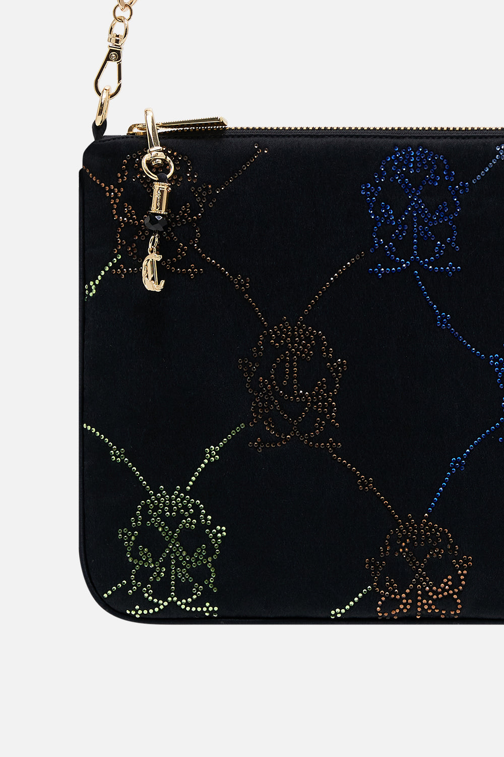 CAMILLA black embellished zip top clutch with strap in Black Mono