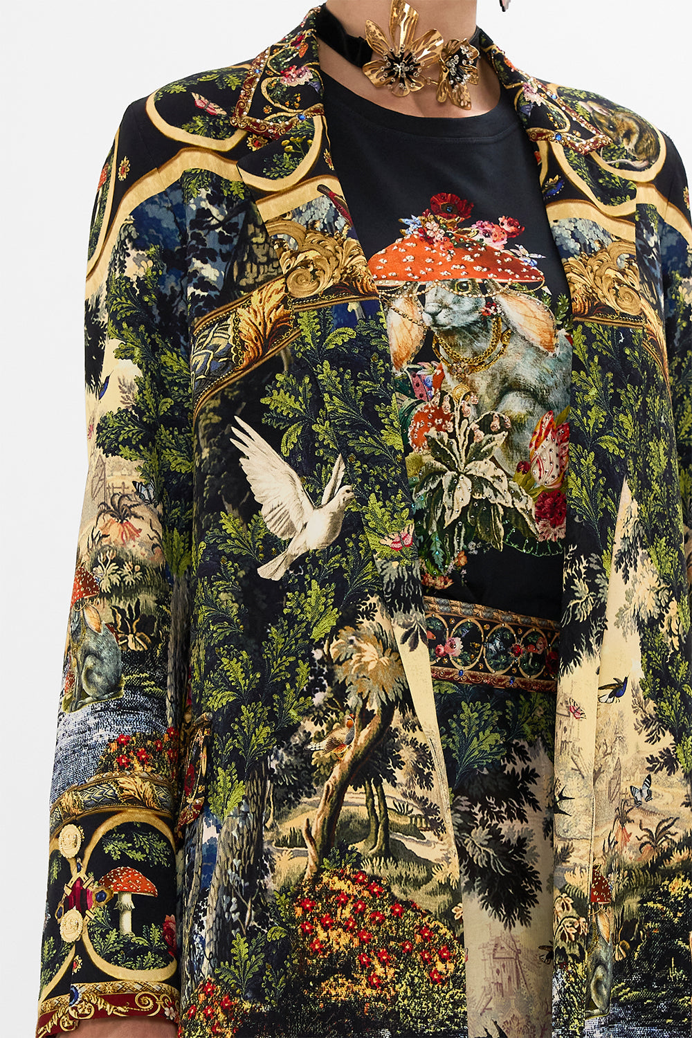 CAMILLA Floral Coat with Wide Cuffs and Short Side Splits in Tapestry Totems