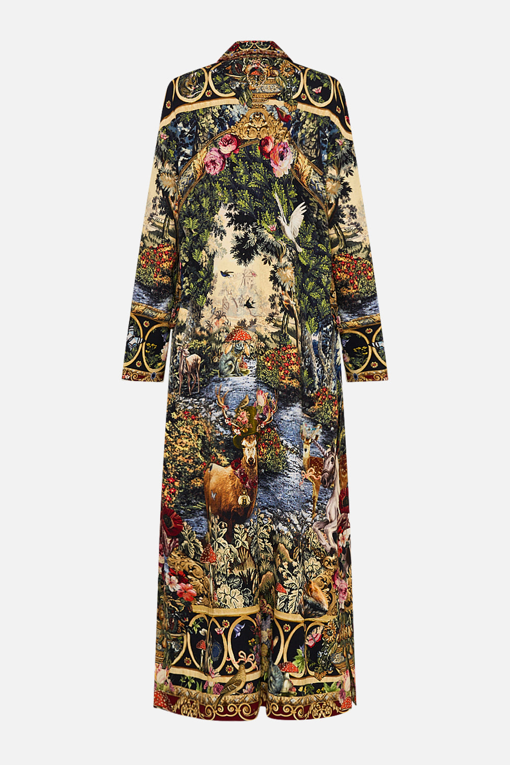 CAMILLA Floral Coat with Wide Cuffs and Short Side Splits in Tapestry Totems