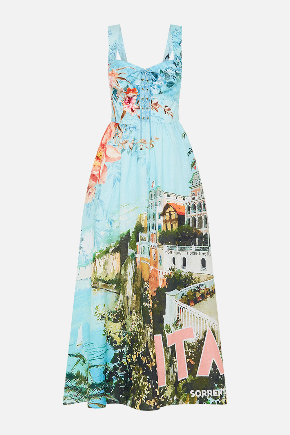 Product view of CAMILLA bustier dress in From Sorrento With Love print
