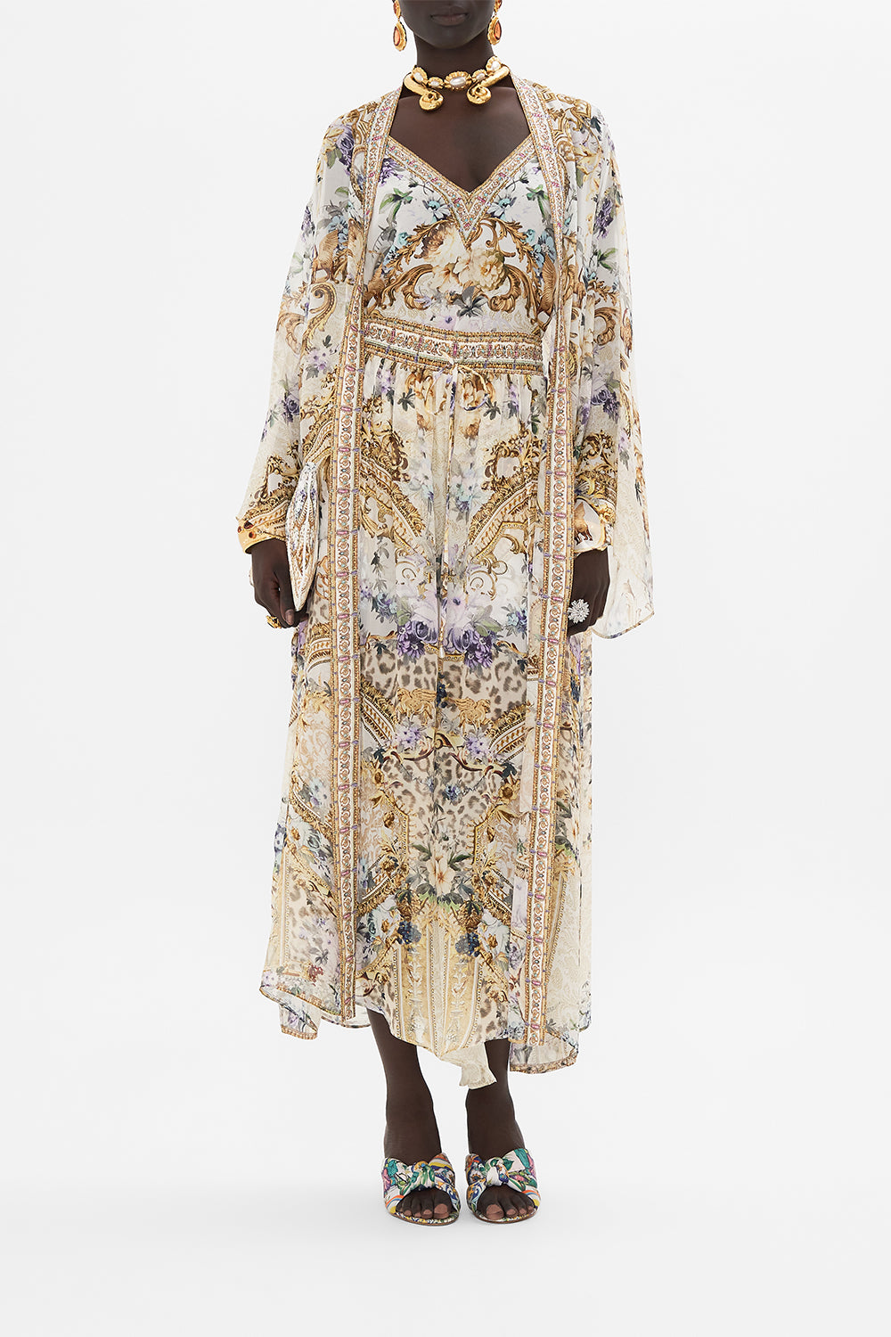 Crop view of model wearing CAMILLA silk culotte pants in Palazzo Play Date print