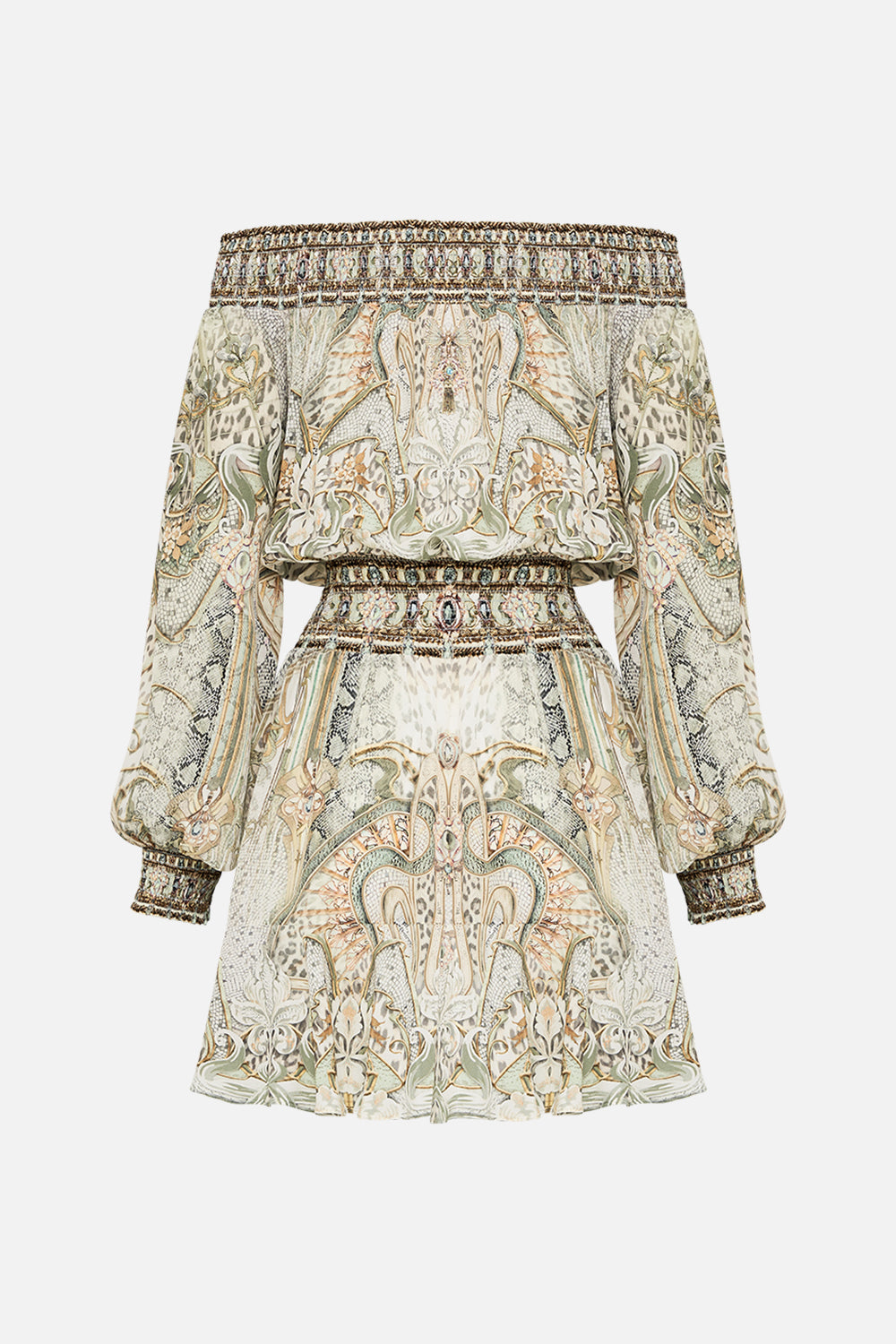 CAMILLA off the shoulder mini dress in Ivory Tower Tales print