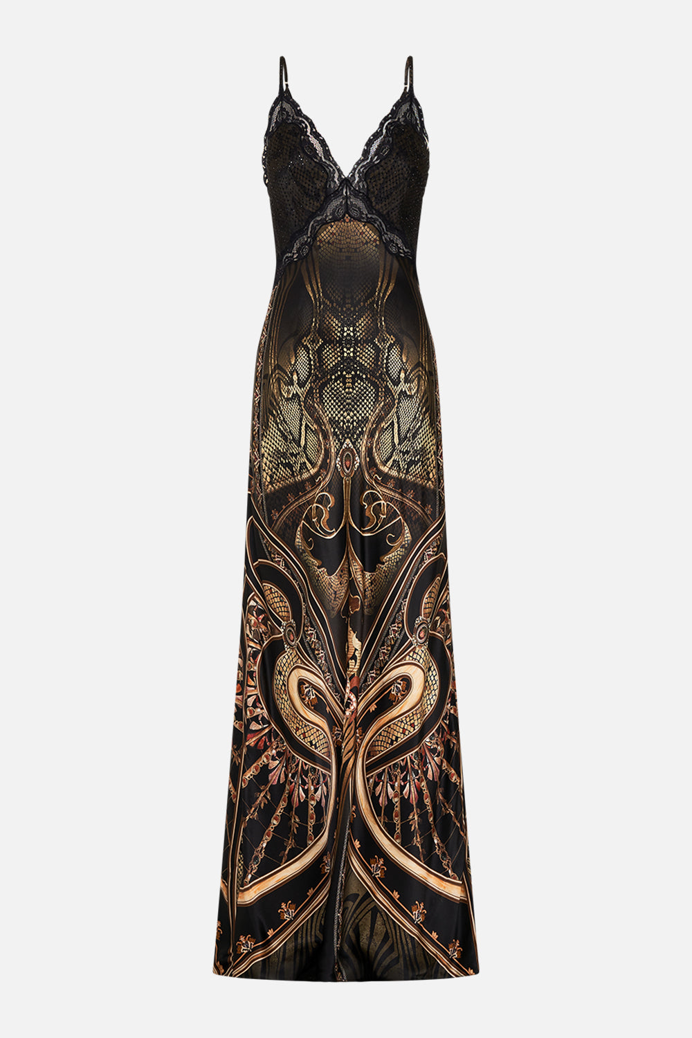 CAMILLA silk slip dress in Nouveau Noir print