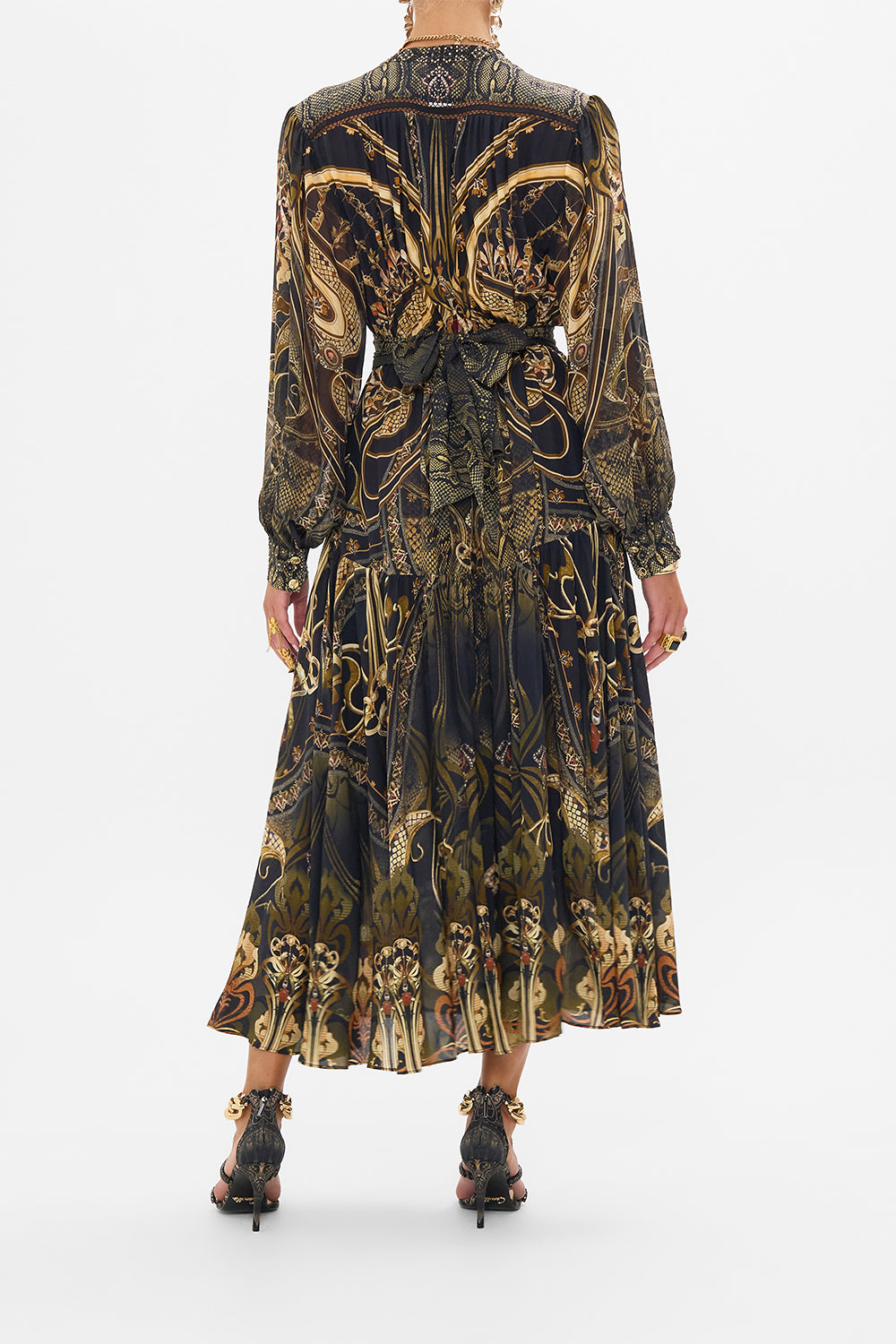 CAMILLA silk button through dress in Nouveau Noir print