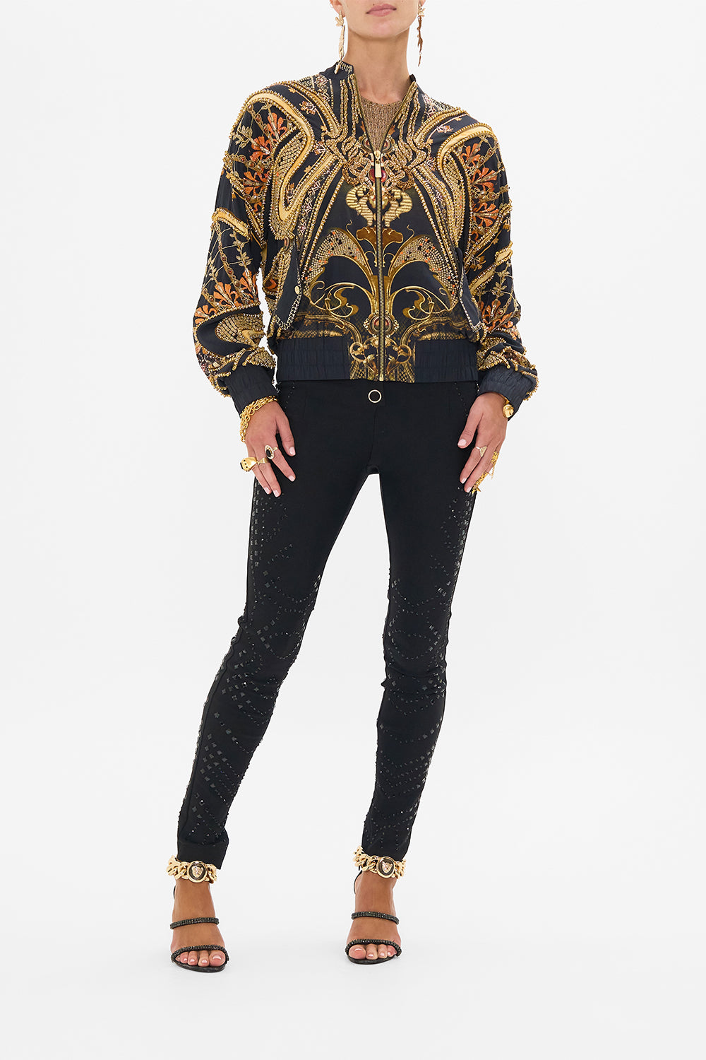 CAMILLA designer bomber jacket in Nouveau Noir print