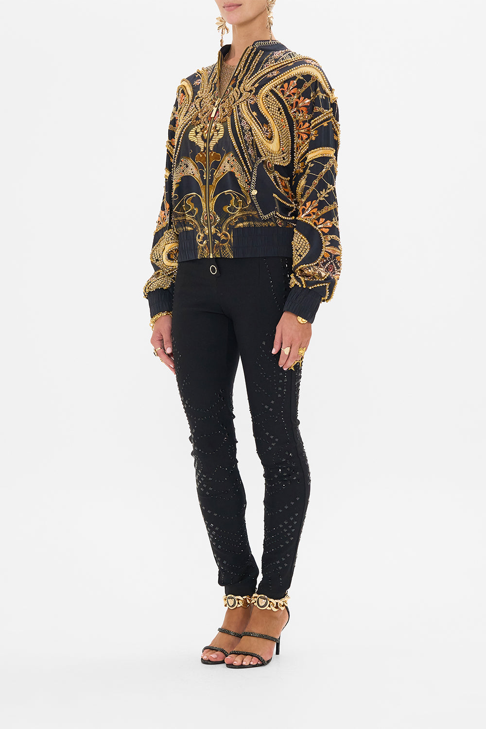 CAMILLA designer bomber jacket in Nouveau Noir print