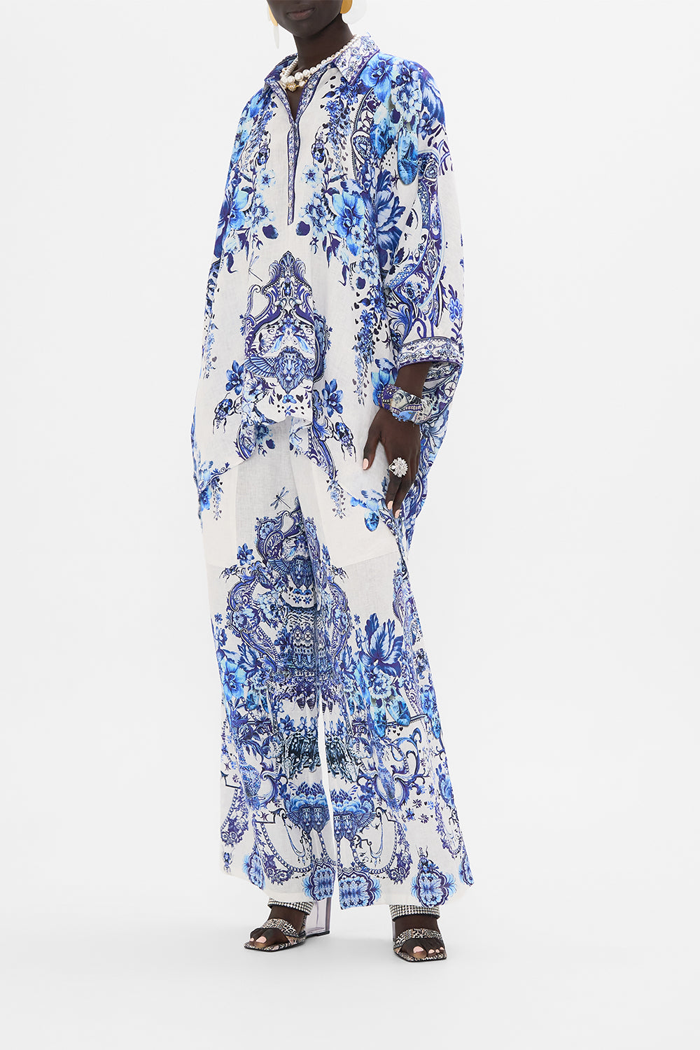 Side view of model wearing CAMILLA silk top in Glaze and Graze print