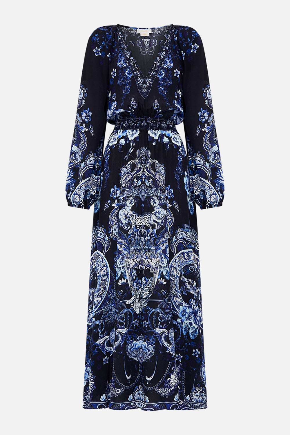 CAMILLA silk dress in Delft Dynasty print