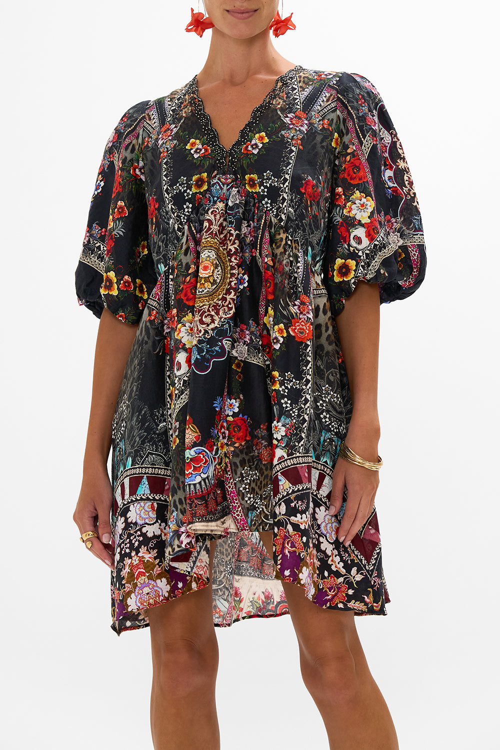 CAMILLA puff sleeve mini dress in Volendam Dolls print