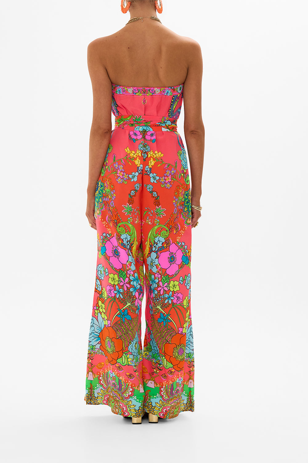 CAMILLA Pink Tie Waist Strapless Jumpsuit in Windmills and Wildflowers print