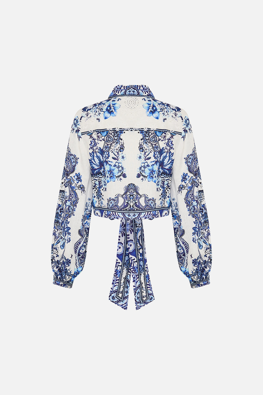 Back view of CAMILLA cropped wrap shirt in Glaze and Graze print