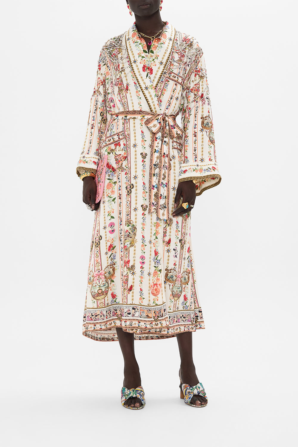 Front view of model wearing Disney x CSAMILLA silk robe in Minnie Magic Forever print