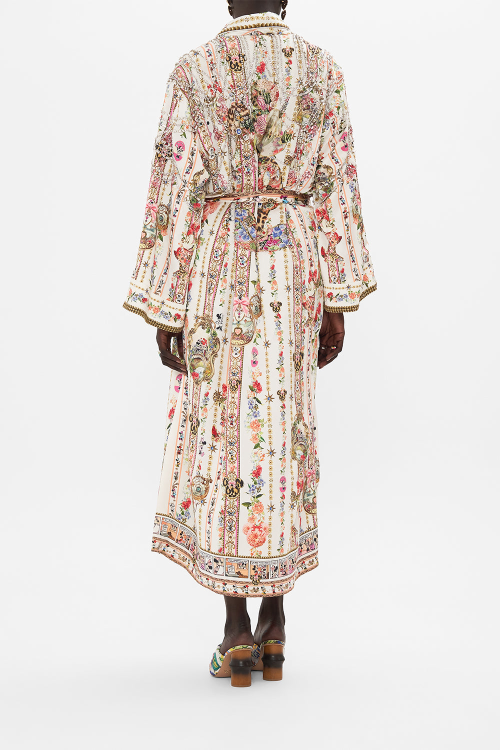Back view of model wearing Disney x CSAMILLA silk robe in Minnie Magic Forever print