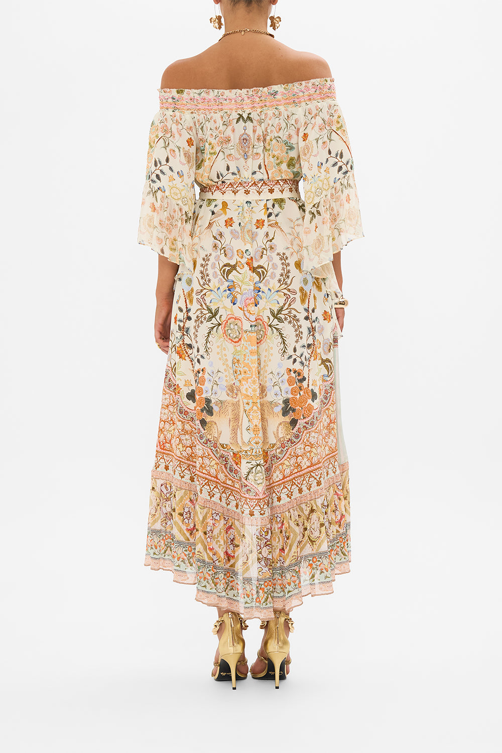 CAMILLA High Low Hem Off Shoulder Dress in Honour of Heirlooms print