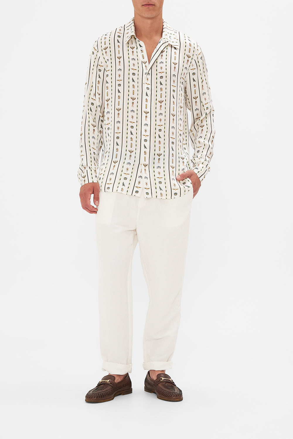 Hotel Franks By CAMILLA White Long Sleeve Hidden Placket Shirt in Valley Of The Queens print.