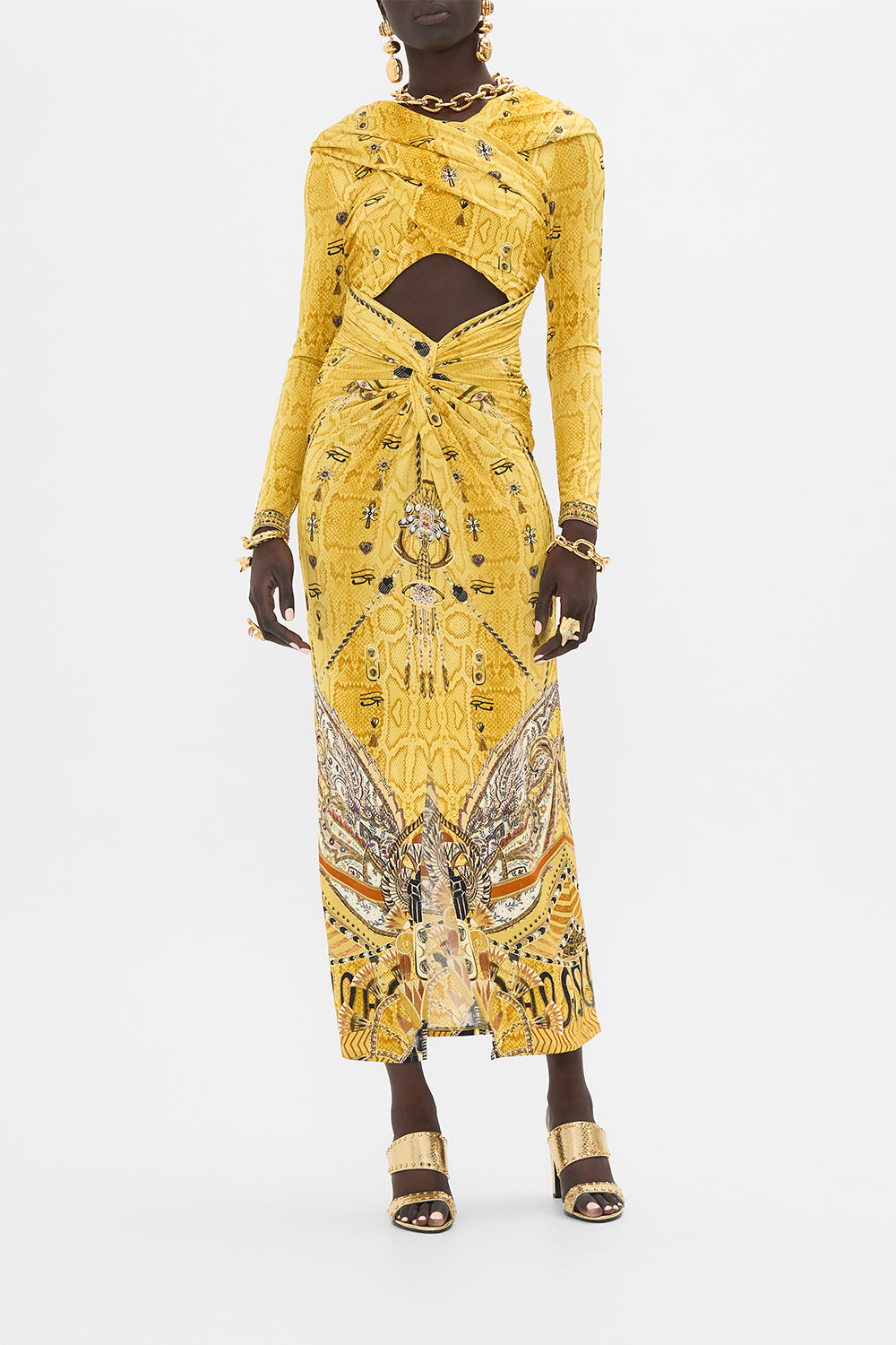 CAMILLA Gold Twist Front Jersey Hooded Dress in Valley of the Kings Print