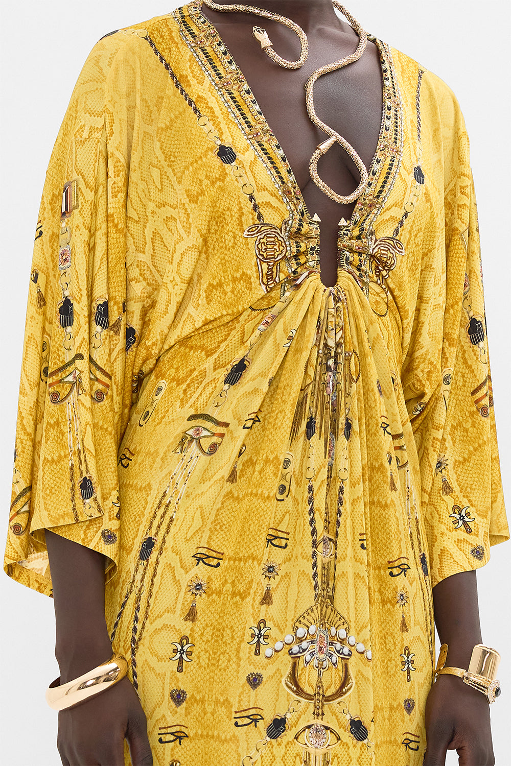 CAMILLA Gold Draped Jersey Dress with Hardware in Valley of the Kings Print