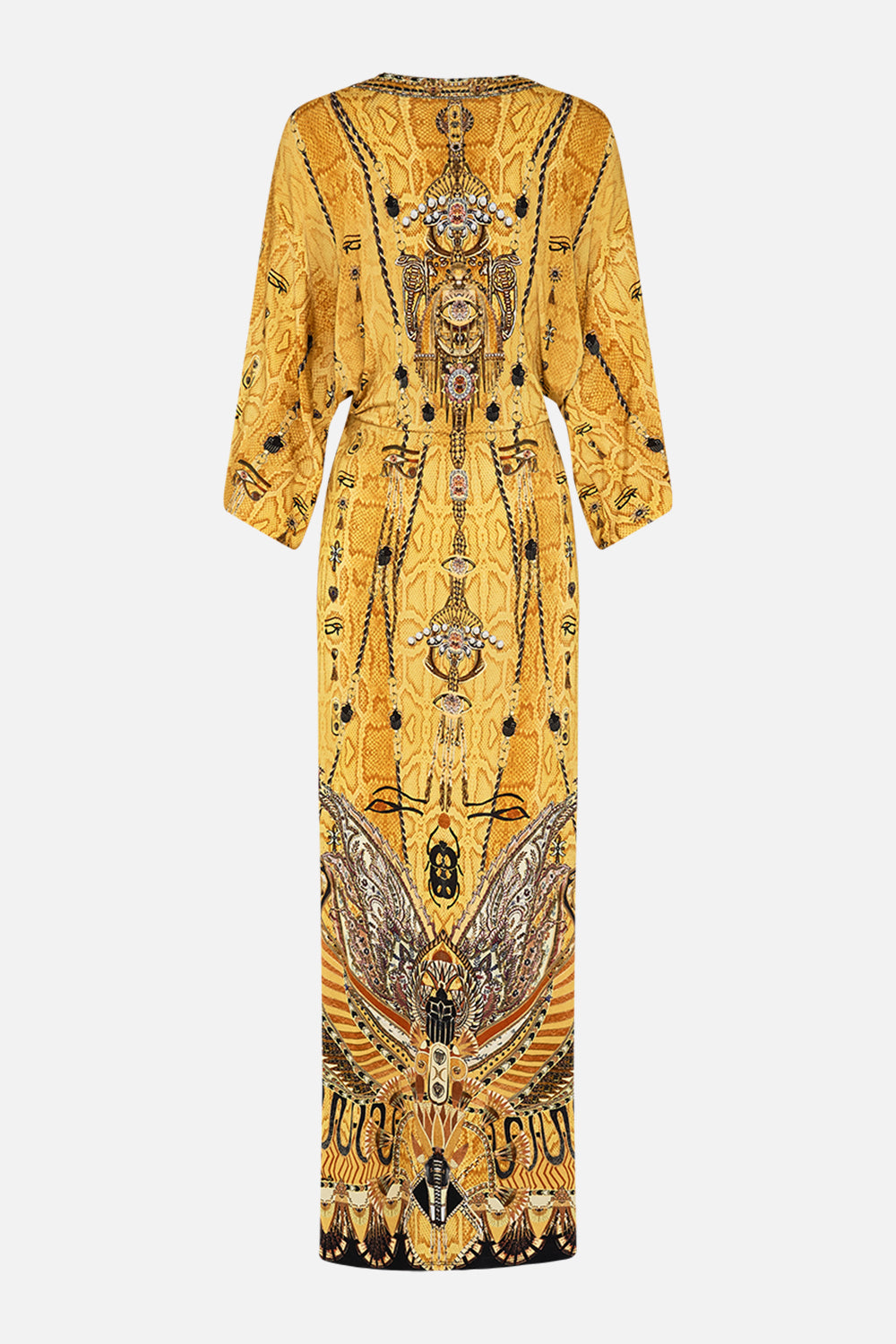 CAMILLA Gold Draped Jersey Dress with Hardware in Valley of the Kings Print