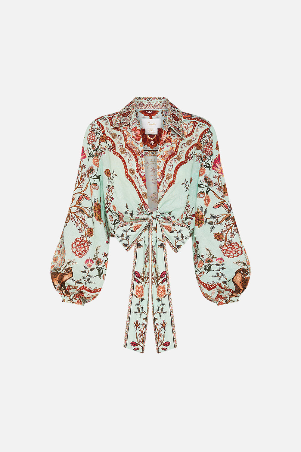 CAMILLA Cropped Wrap Shirt in Weaving Worlds print