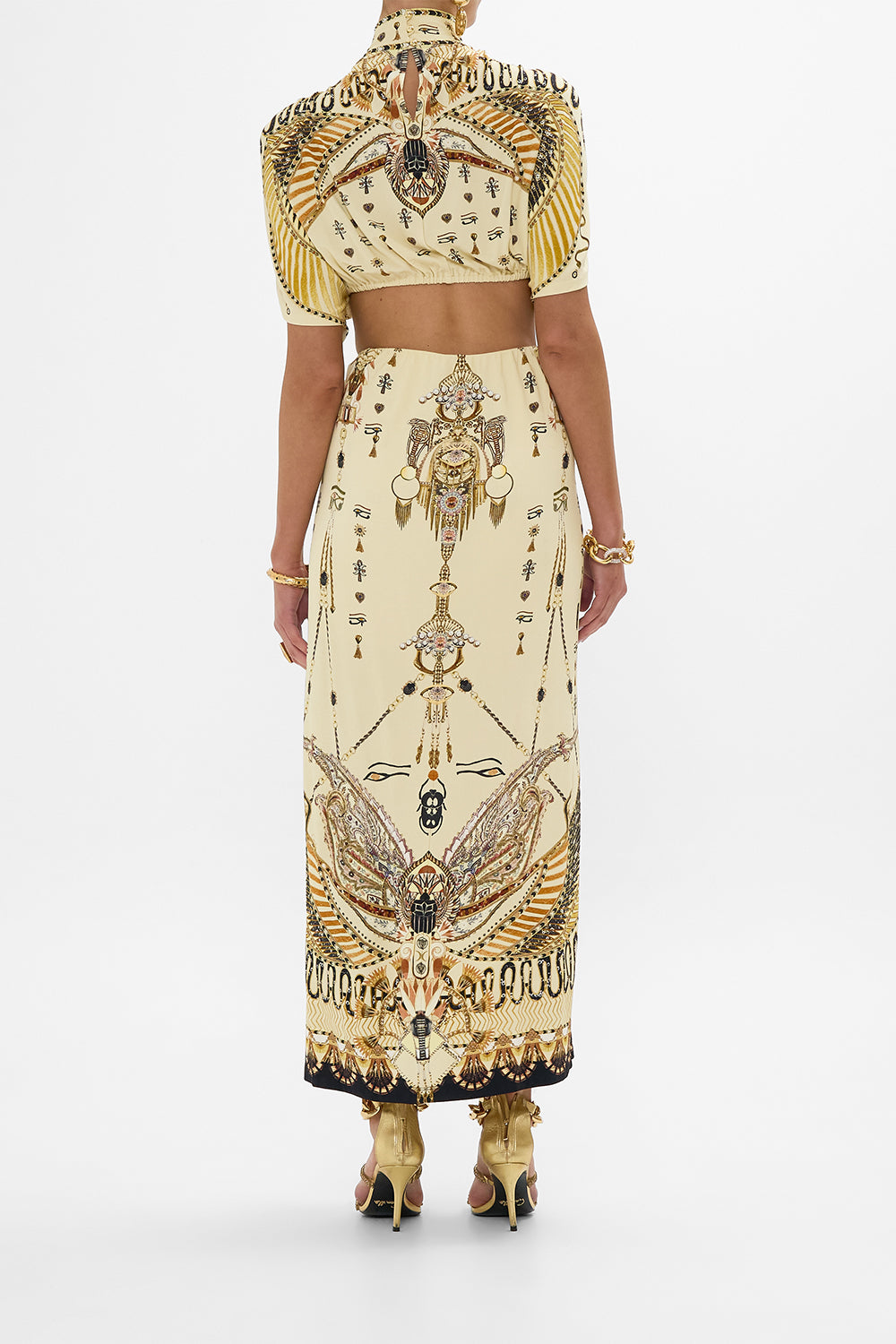 CAMILLA Gold High Neck Twist Cut-Out Jersey Dress in Gateway to the Afterlife Print