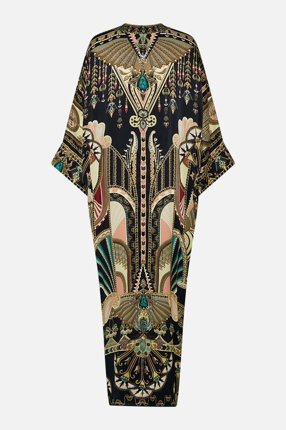 CAMILLA Black/Gold Pierced V-Neck Kaftan in They Called Her Nefertari print