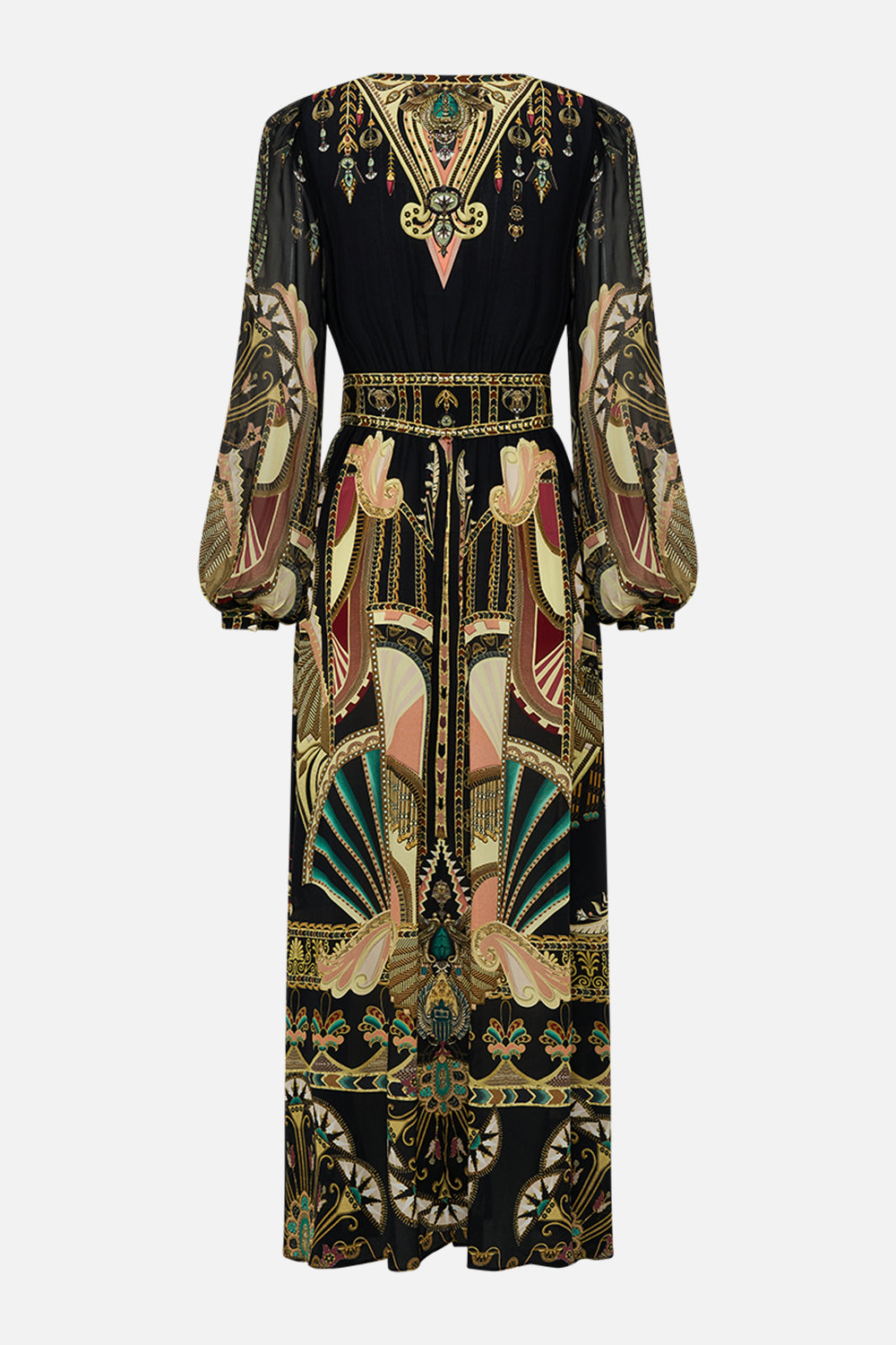 CAMILLA Black/Gold Peaked Waistband Long Dress in They Called Her Nefertari print