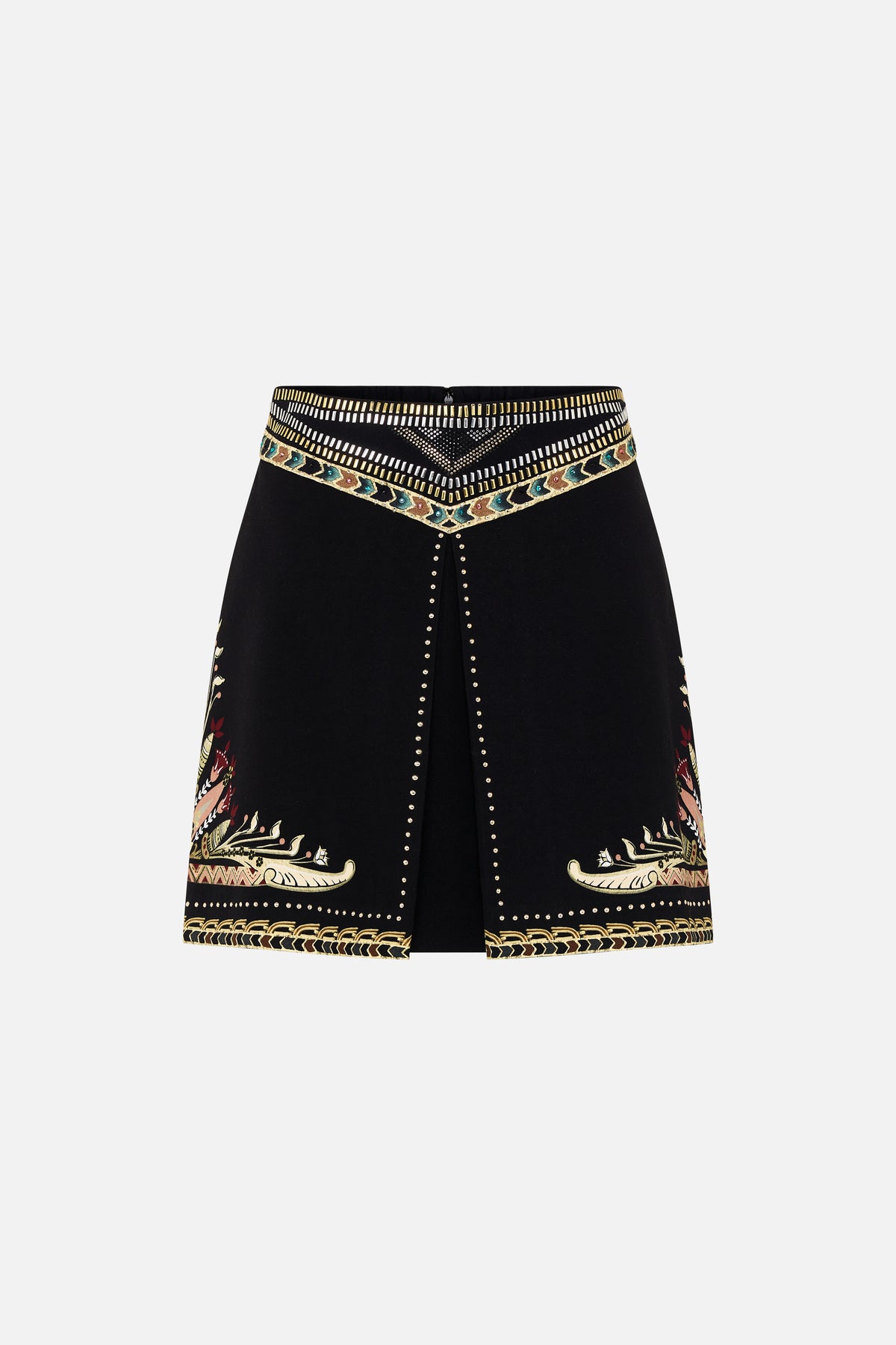 CAMILLA Metal Studded Shaped Waistband Mini Skirt in They Called Her Nefertari print