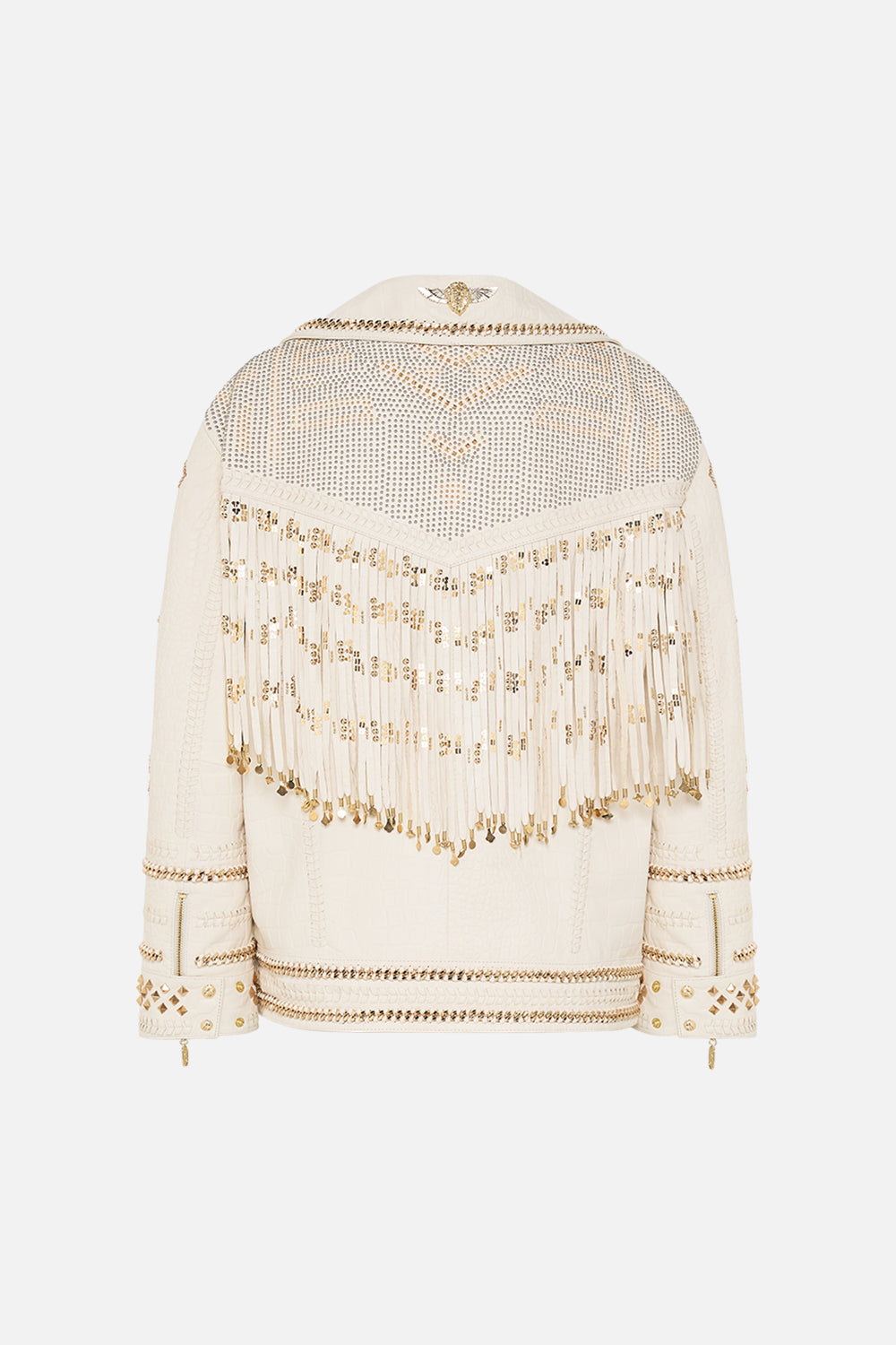 CAMILLA Oversized Leather Biker Jacket in Valley of the Queens print