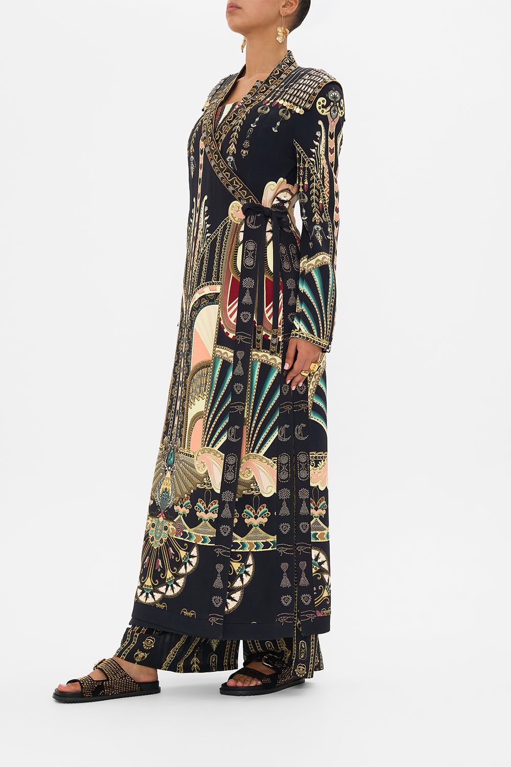 CAMILLA Black/Gold Hand Embellished Cross Over Coat in They Called Her Nefertari print