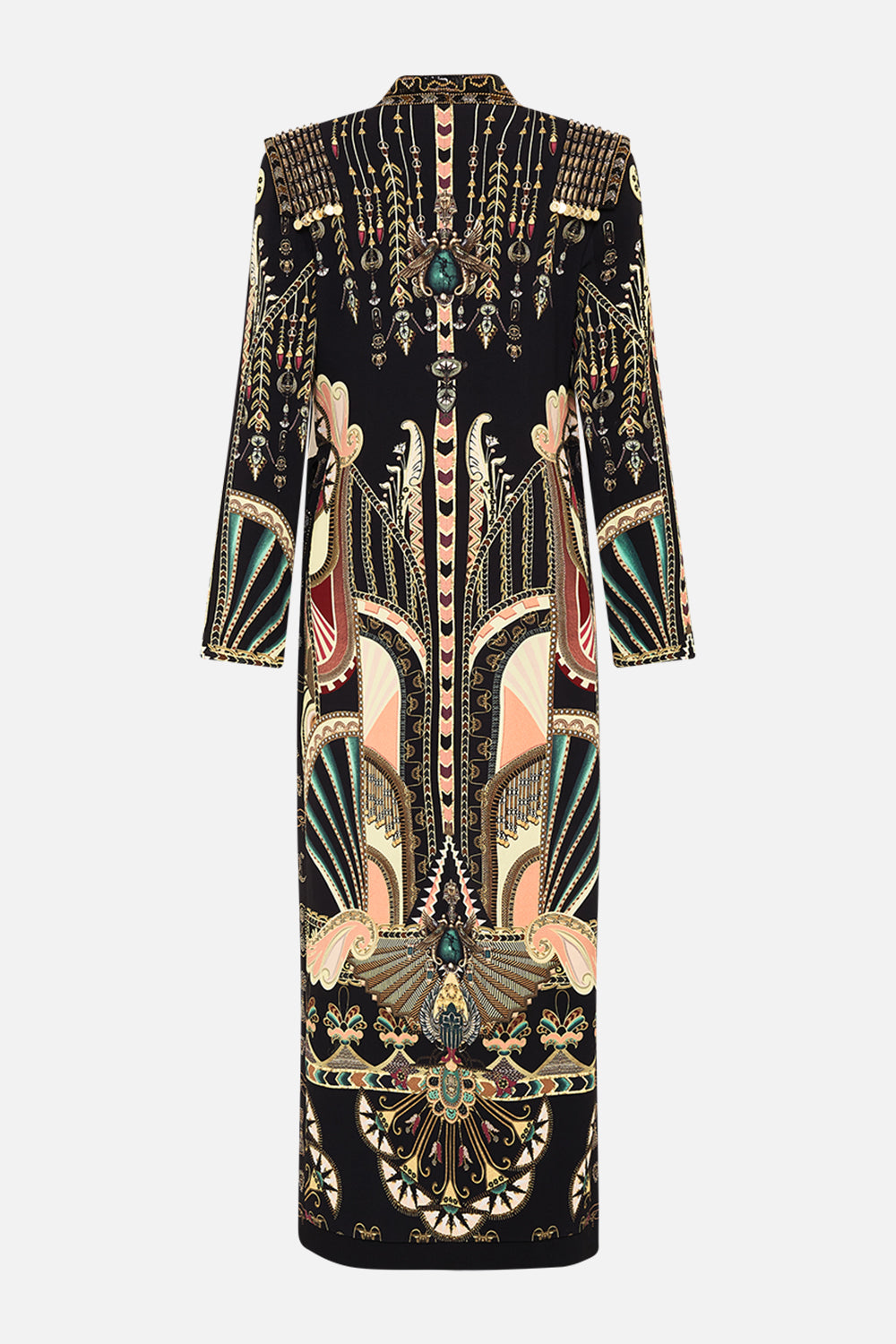 CAMILLA Black/Gold Hand Embellished Cross Over Coat in They Called Her Nefertari print