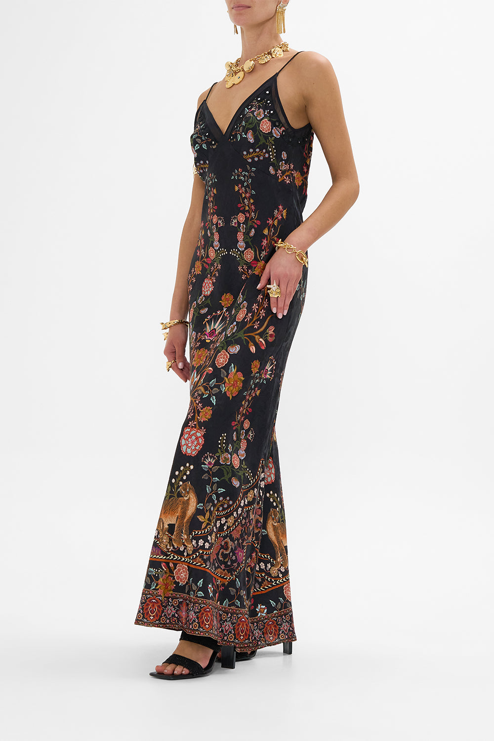 CAMILLA Floral Jacquard Full Length Bias Slip Dress in Loom to Tomb print