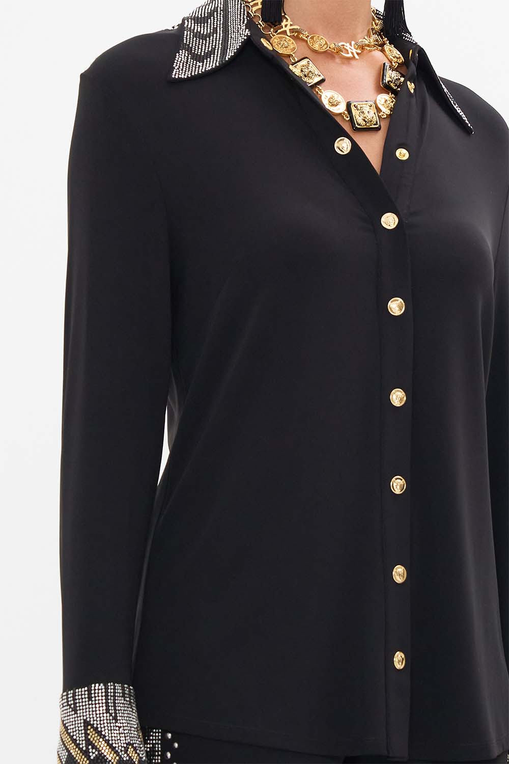 CAMILLA Black Fitted Jersey Shirt in They Called Her Nefertari print.