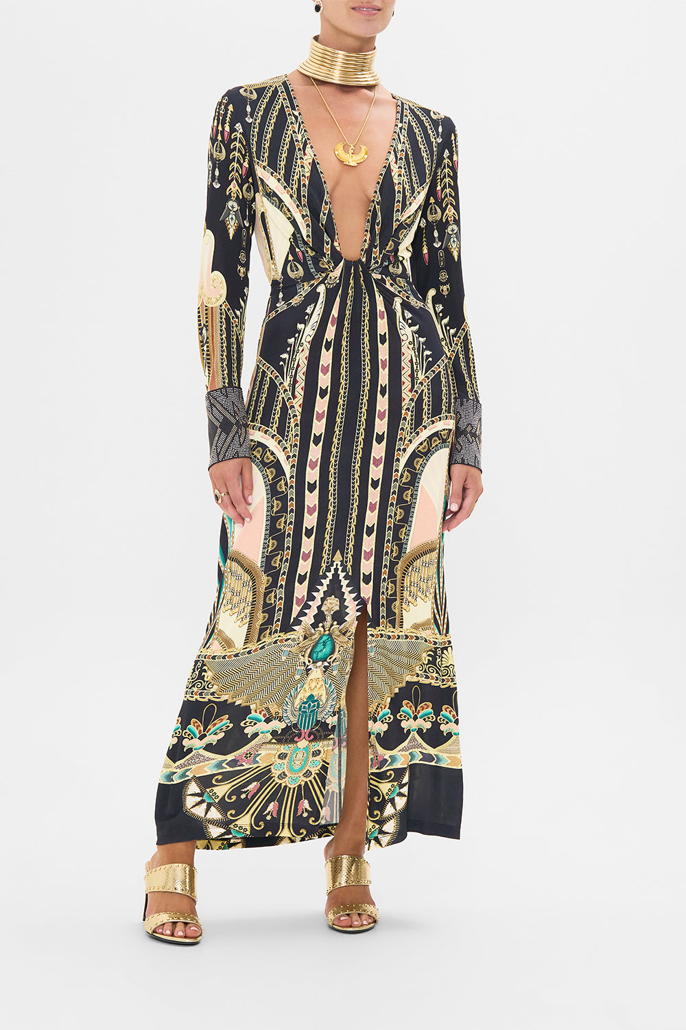 CAMILLA Long V-Neck Twist Front Jersey Dress in They Called Her Nefertari print