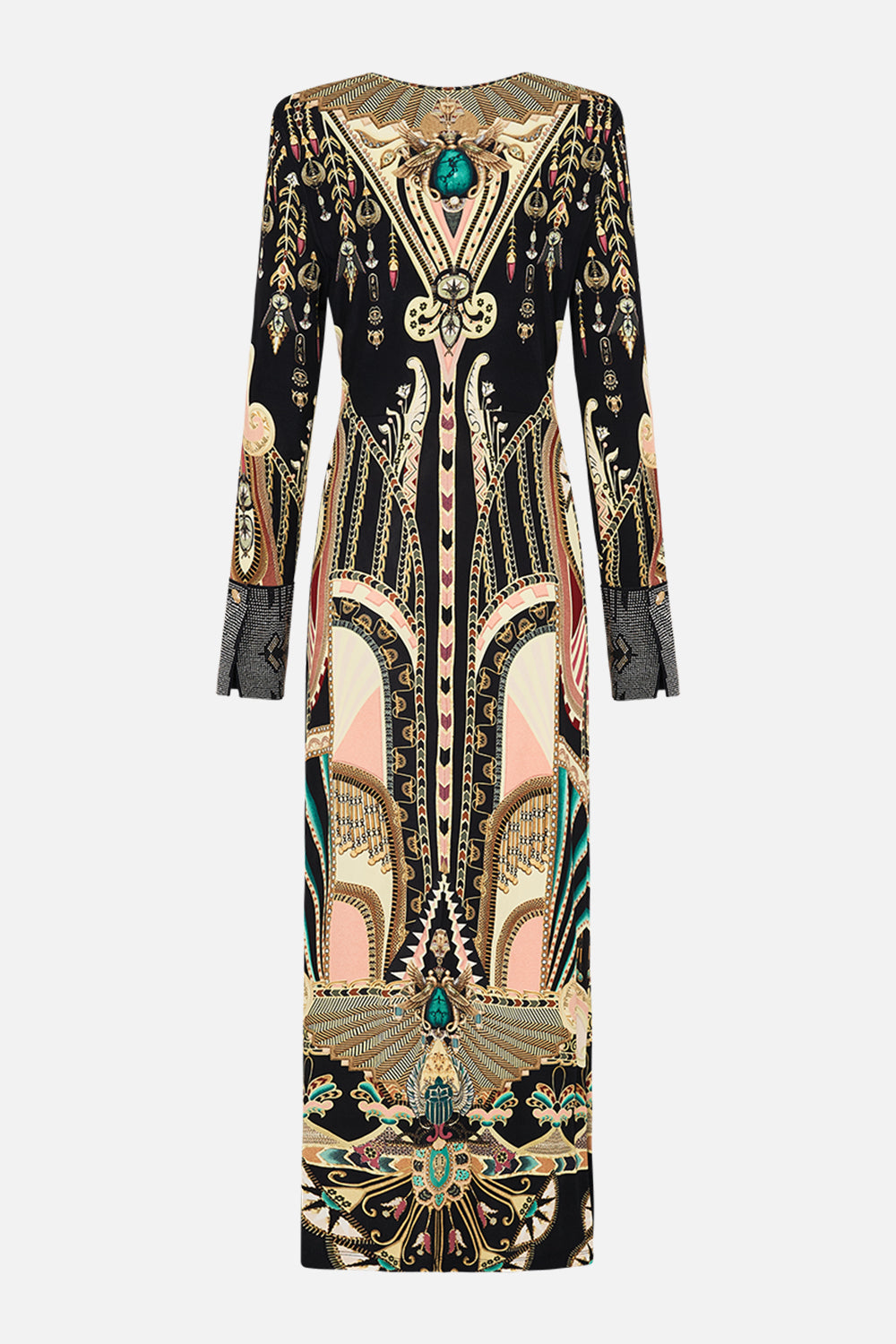 CAMILLA Long V-Neck Twist Front Jersey Dress in They Called Her Nefertari print