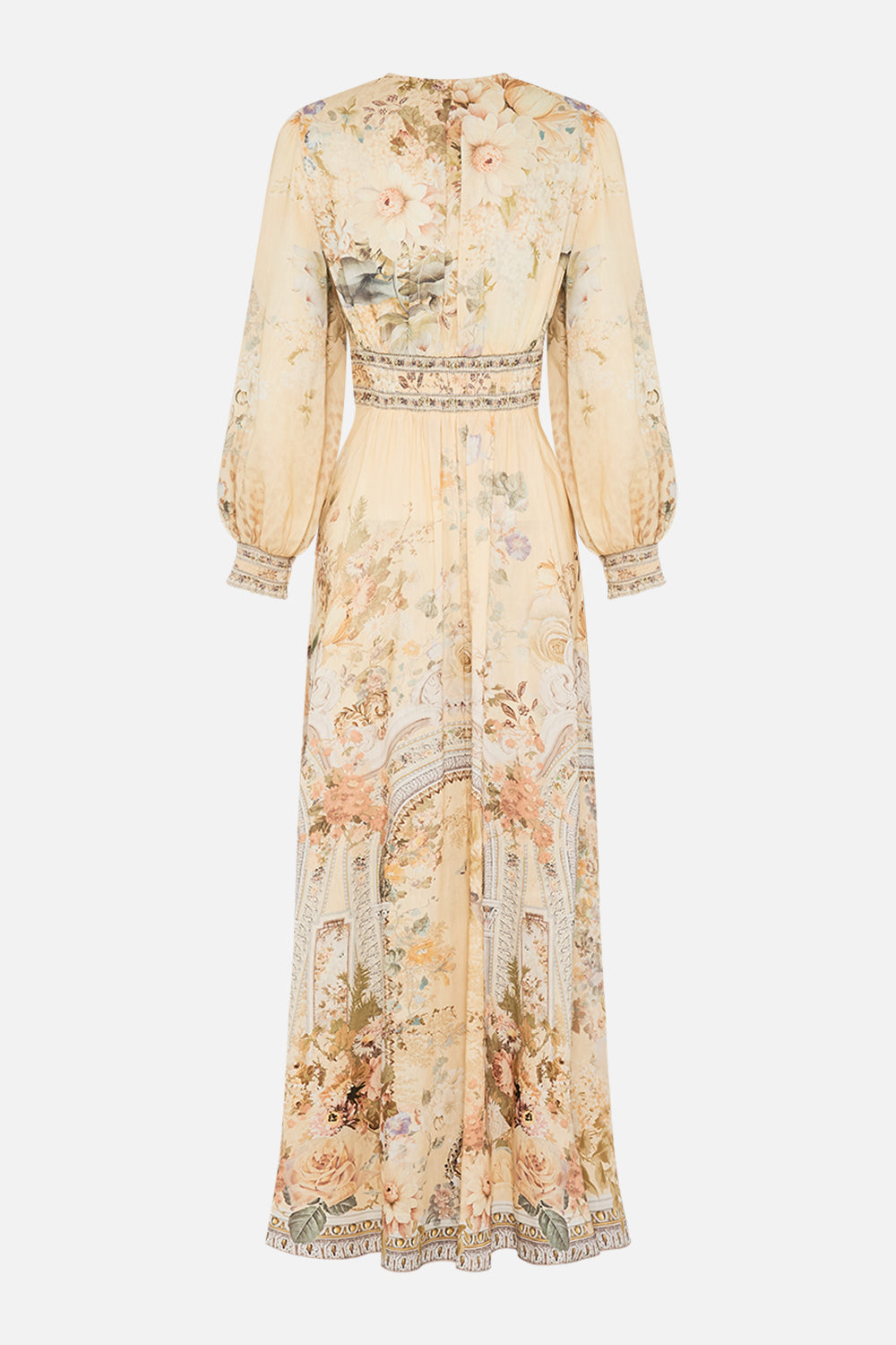 CAMILLA button dress with shaped waistband in Adorned in Antiquity print.