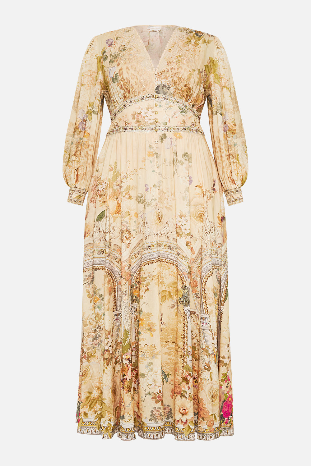 BUTTON DRESS WITH SHAPED WAISTBAND ADORNED IN ANTIQUITY