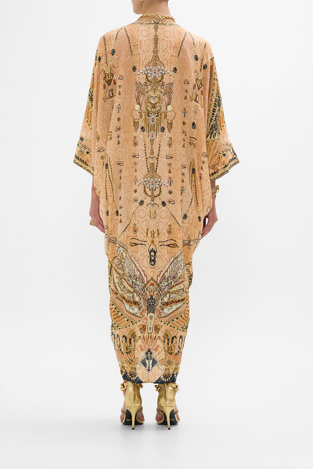 CAMILLA Gold Pierced V-Neck Embellished Kaftan in Kingdom of Hieroglyphs Print