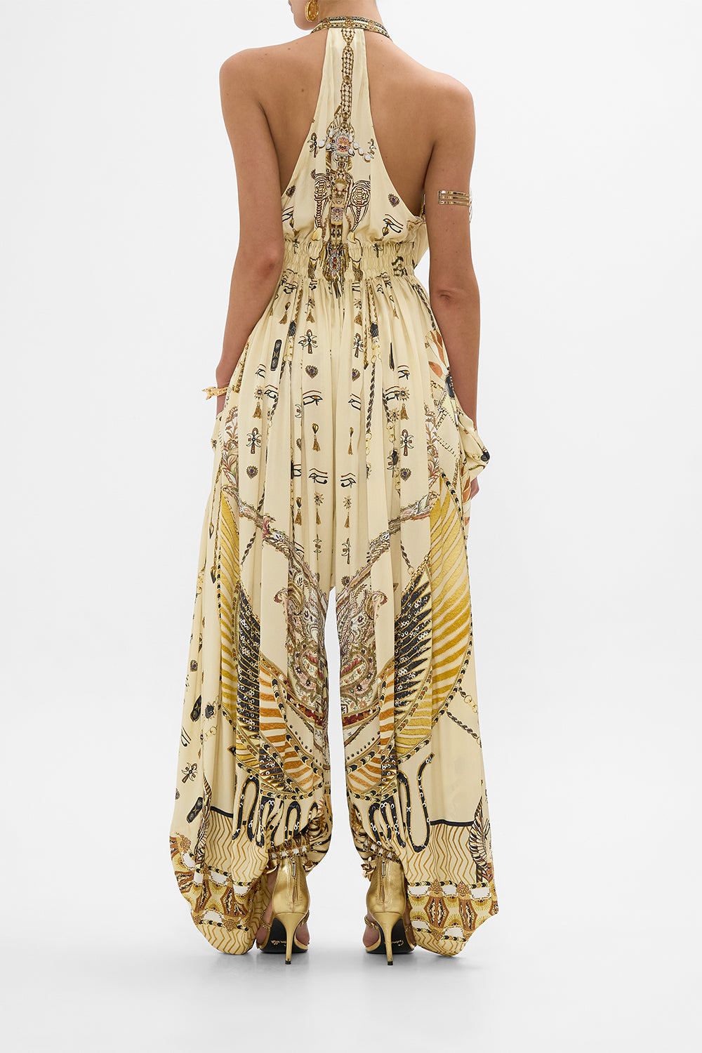 CAMILLA Gold Jumpsuit with Drop Crotch in Gateway to the Afterlife Print