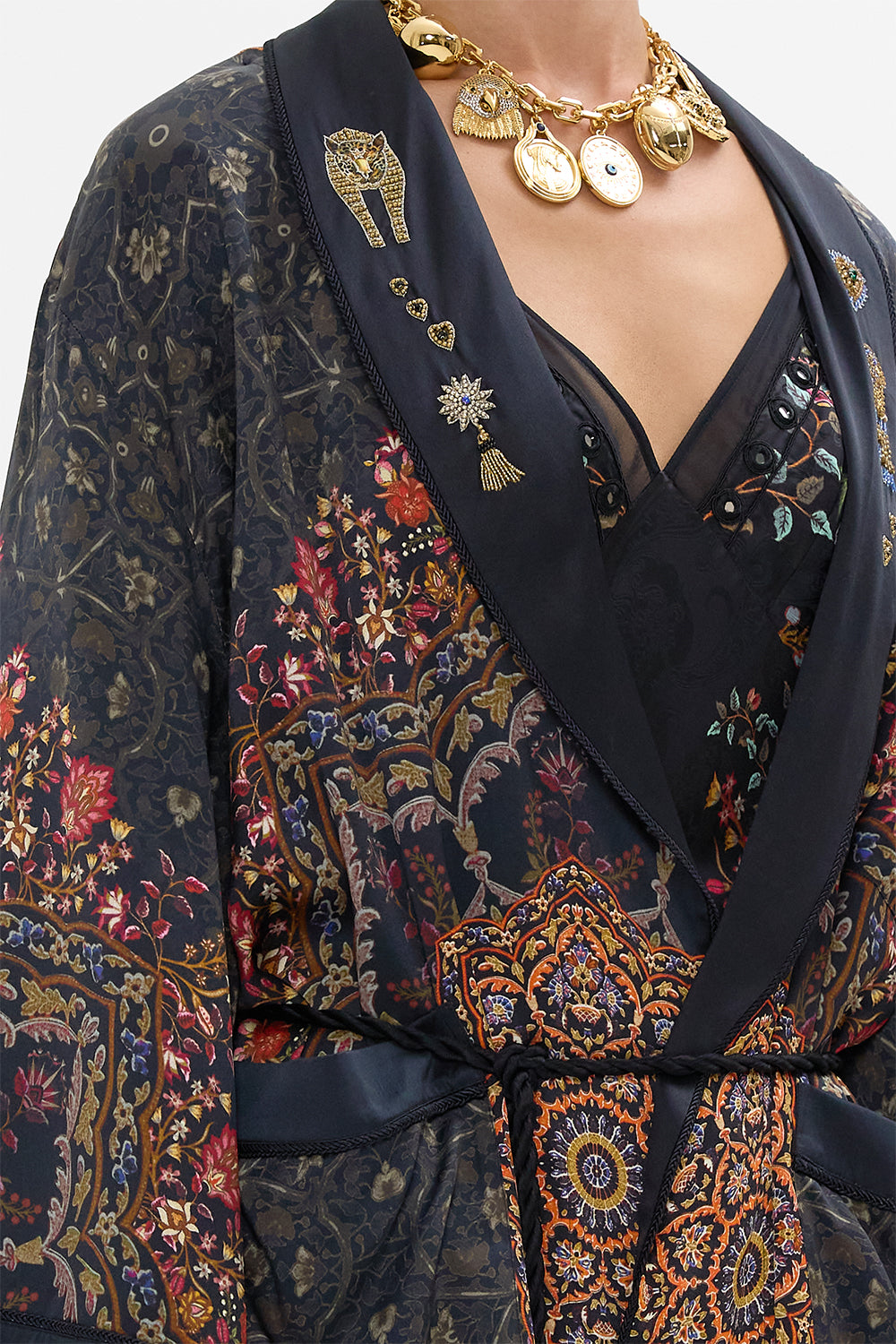 CAMILLA Long Robe with Flared Sleeve in Loom to Tomb print