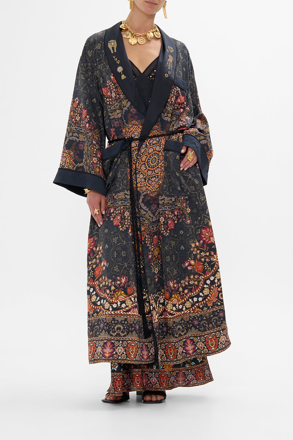 CAMILLA Long Robe with Flared Sleeve in Loom to Tomb print