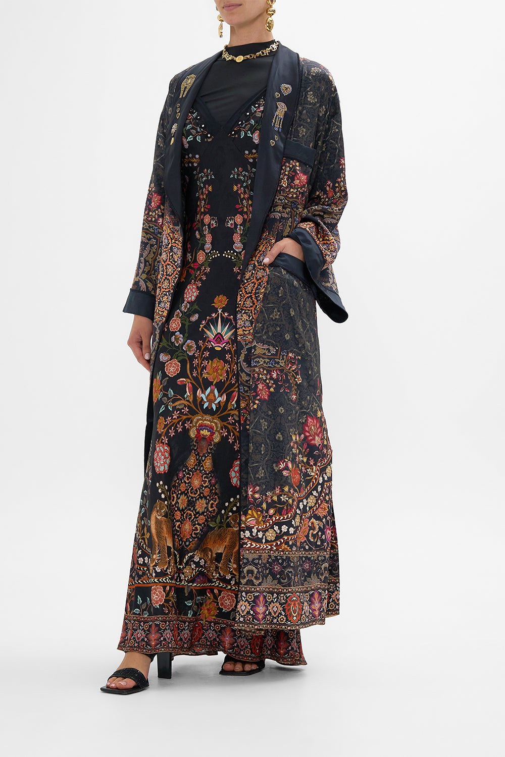 CAMILLA Long Robe with Flared Sleeve in Loom to Tomb print