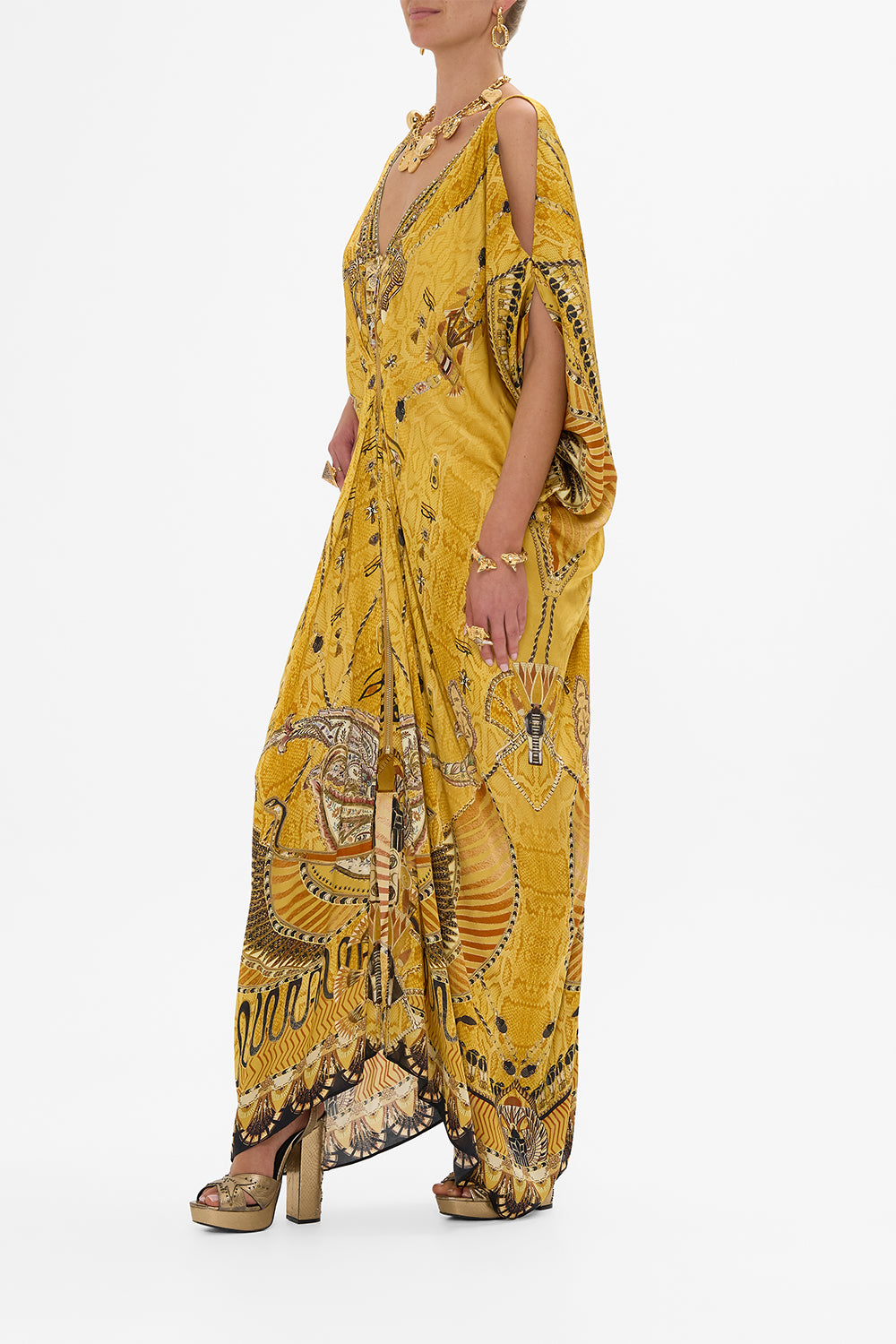 CAMILLA Gold Long Drape Dress with Zip Front in Valley of the Kings Print