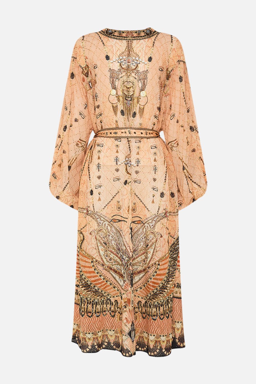 CAMILLA Gold Blouson Sleeve Embellished Layer in Kingdom of Hieroglyphs Print