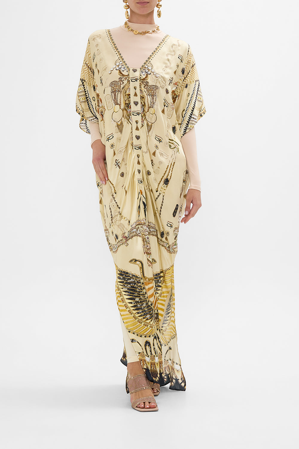 CAMILLA Gold Kaftan with Front Tab Detail in Gateway to the Afterlife Print