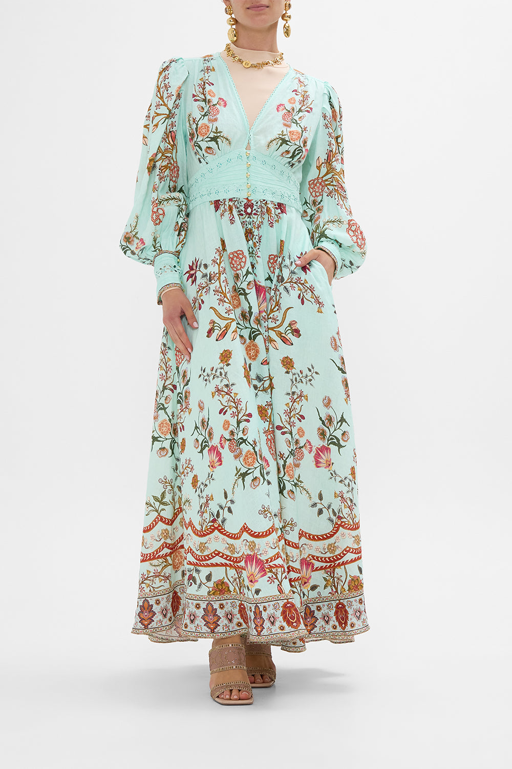 CAMILLA Shaped Waistband Dress with Gathered Sleeves in Weaving Worlds print