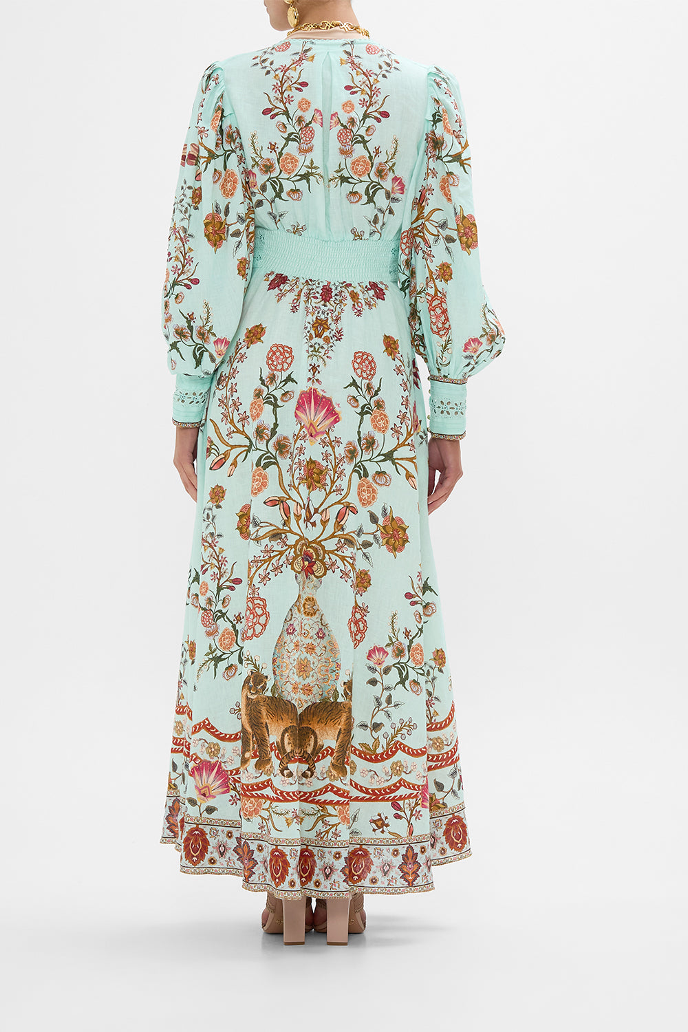 CAMILLA Shaped Waistband Dress with Gathered Sleeves in Weaving Worlds print