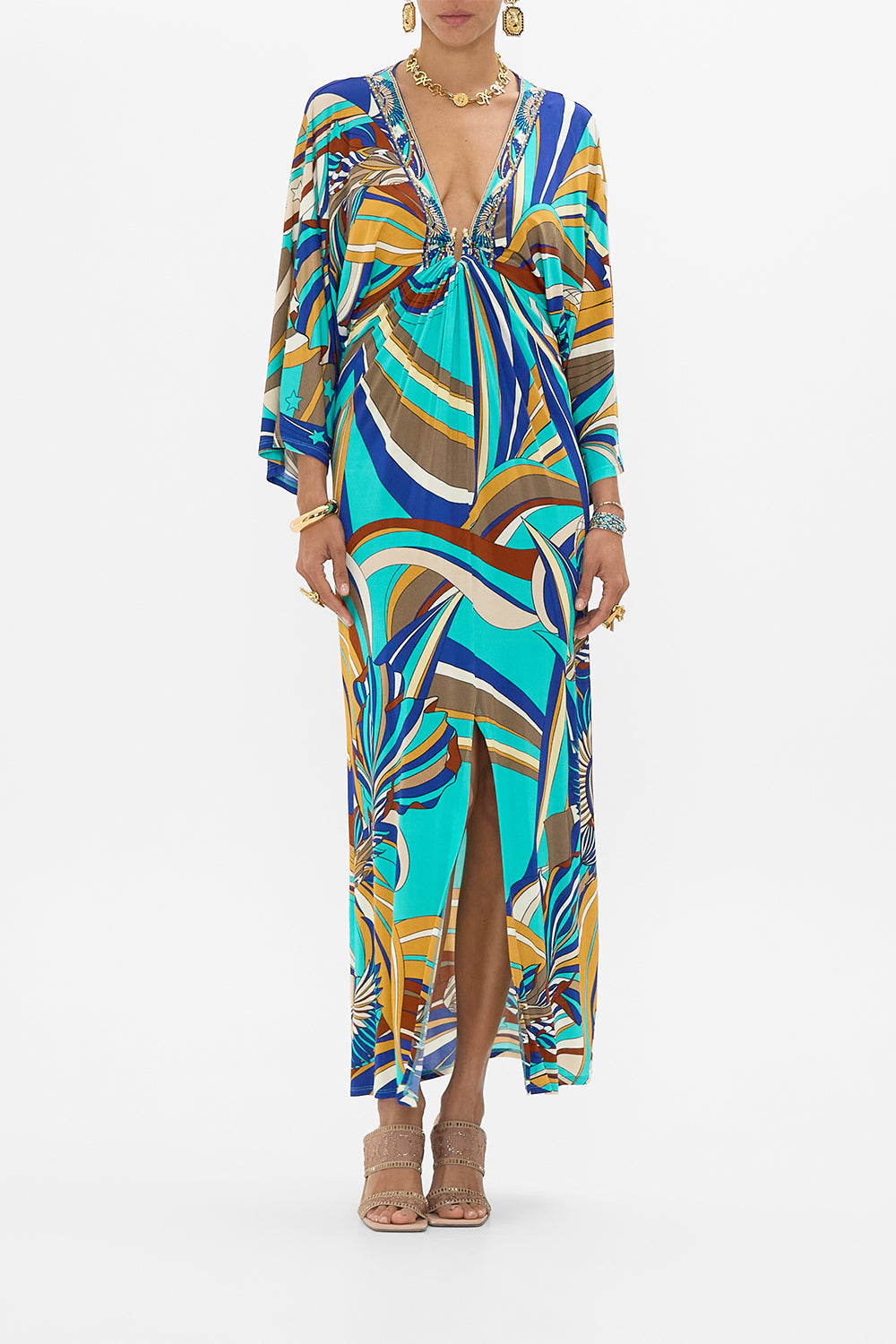 CAMILLA Draped Jersey Dress With Hardware in Oasis Oracles print.